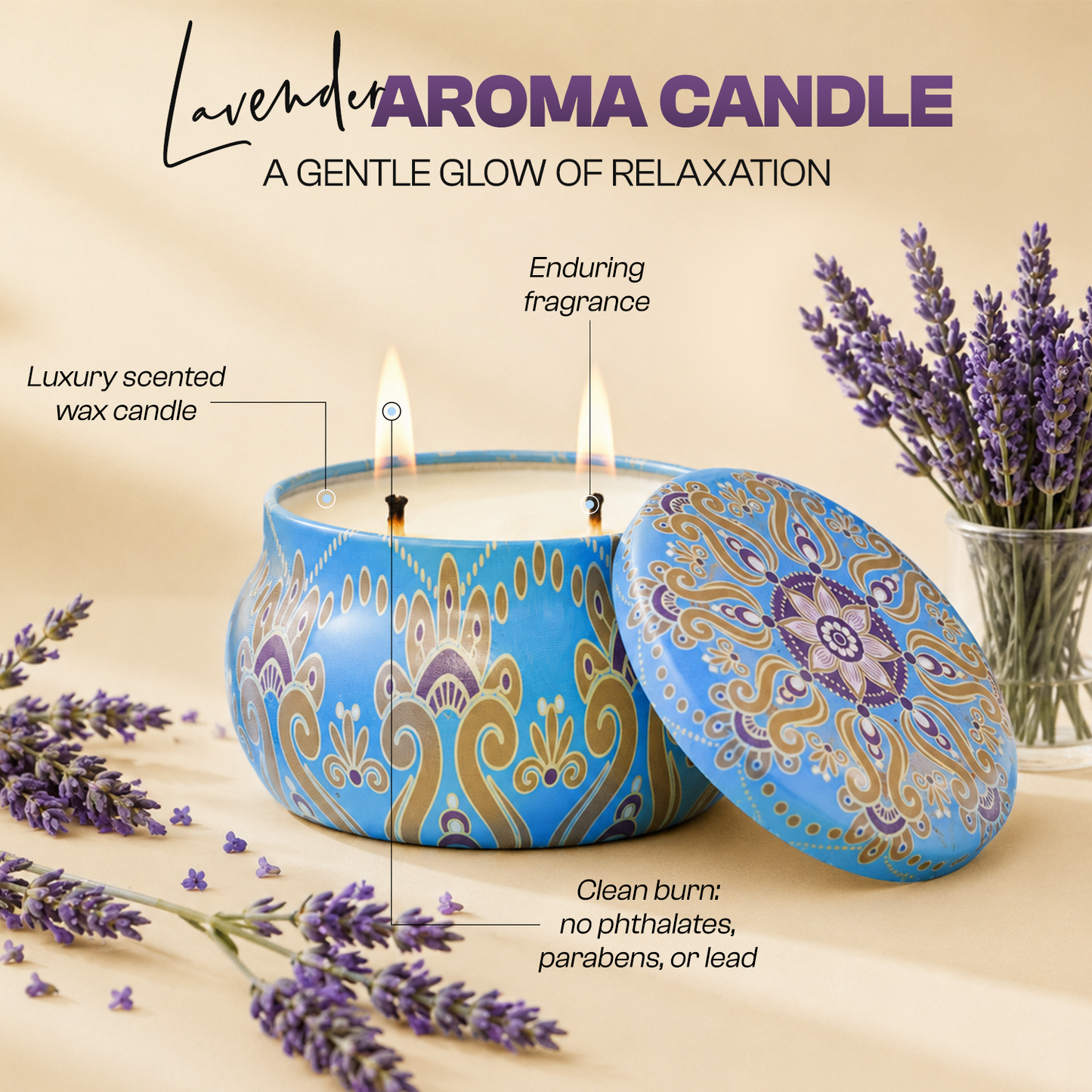 Relaxing Lavender Aroma Candle Tin Pack 120g