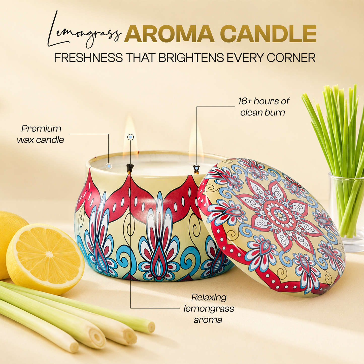 Refreshing Lemongrass Aroma Candle Tin Pack 120g